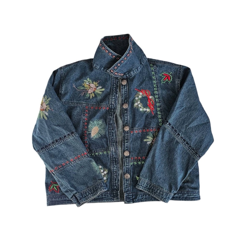 Appleseeds Denim Jacket Blue Embroidered FloralWomen’s Size petite large cotton